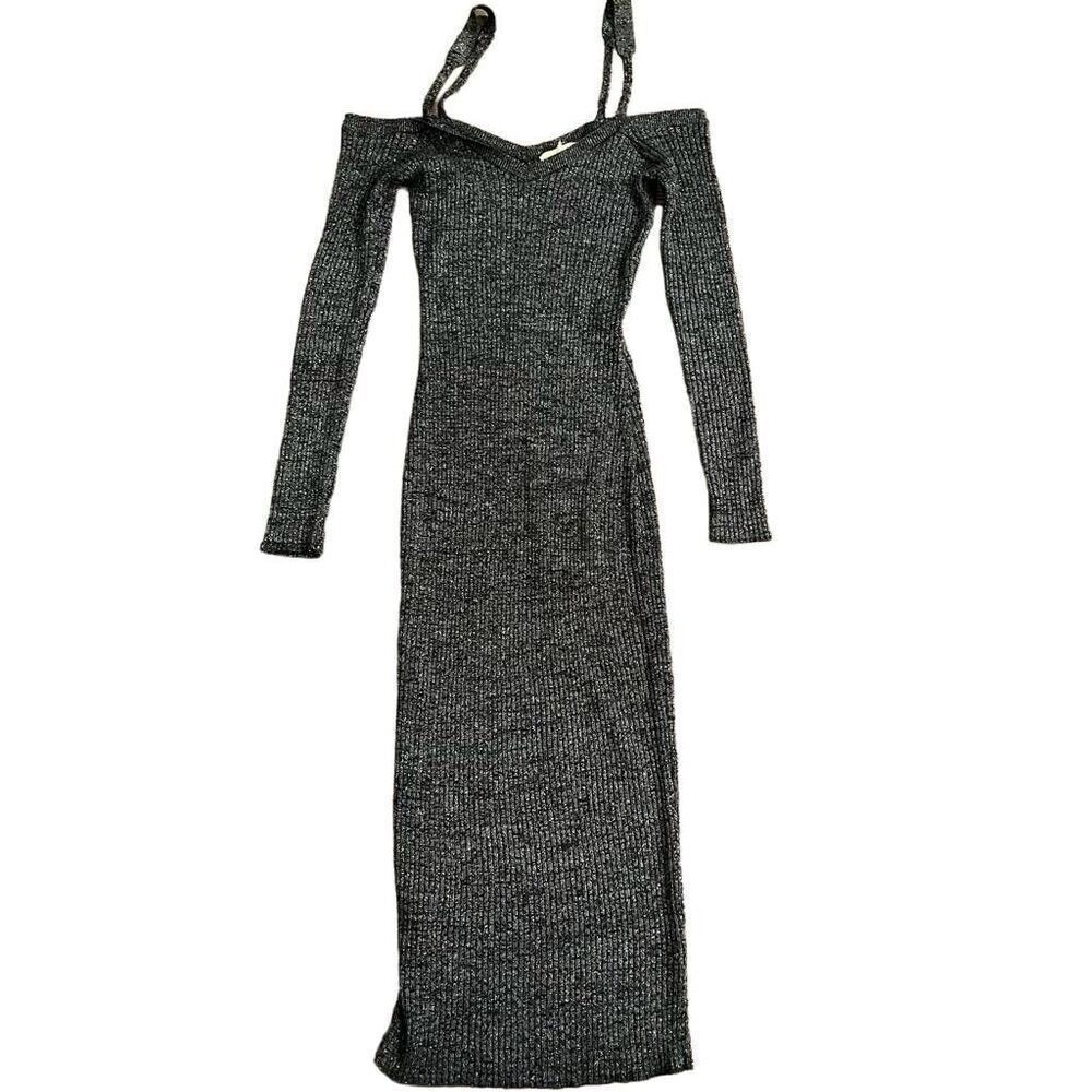 Open Edit Maxi Dress Women's Medium Black Ribbed Off‎ The Shoulder Long Sleeve
